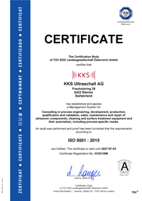 ISO 9001:2015 certificate - Certificate from KKS as part of quality management for medical technology