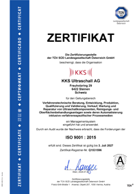 Zertifikat ISO 9001:2015 - Zertifikat der KKS im Rahmen des Qualitätsmanagements für die Medizintechnik