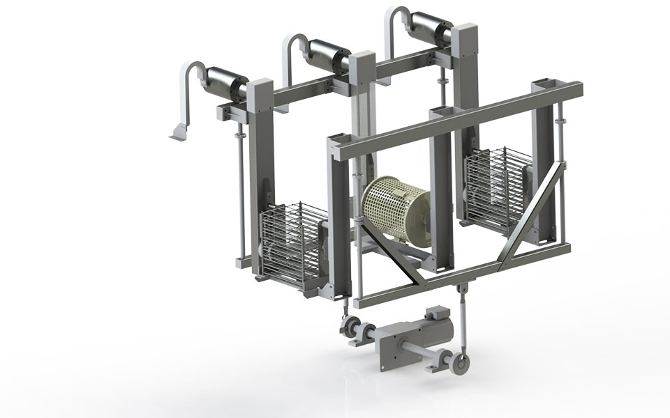 Multi-functional movement of goods implemented in a system for the final cleaning of parts in specific baskets and as bulk material in rotating barrels.
